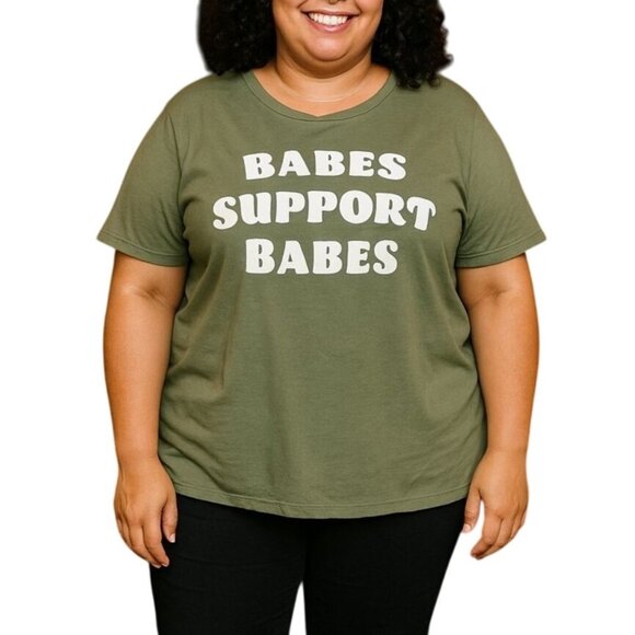 PositiviTees Plus Size 2X Graphic T-Shirt Babes Support Babes Sage Green - Picture 1 of 5